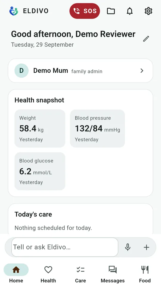 Home screen showing today's medicines and latest readings