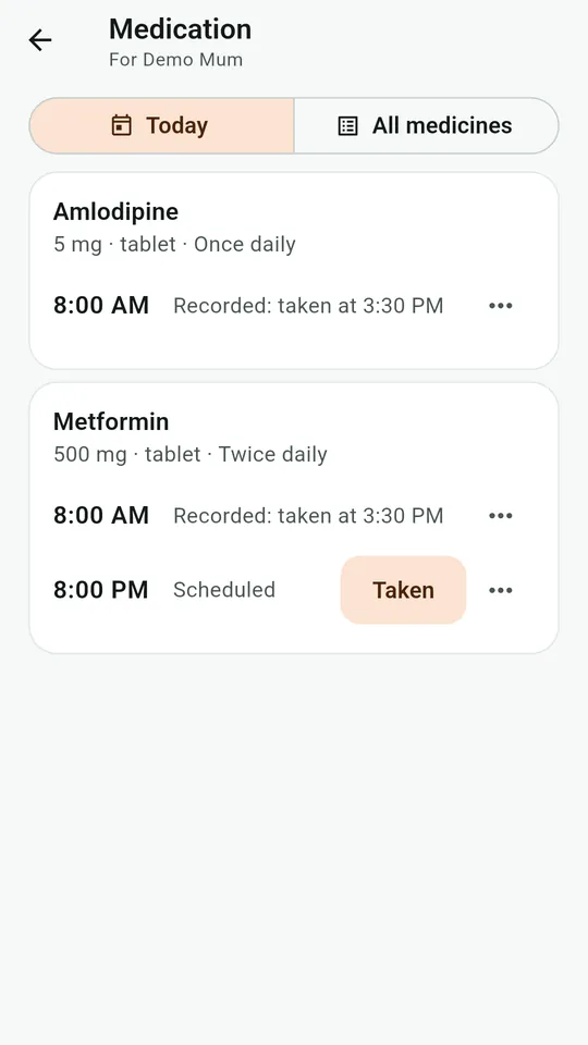Medication list with doses marked as taken